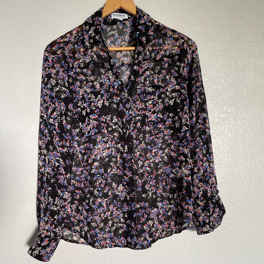 NWOT Express Portofino Semi Sheer Black Floral Button Down Shirt - Size S/P
